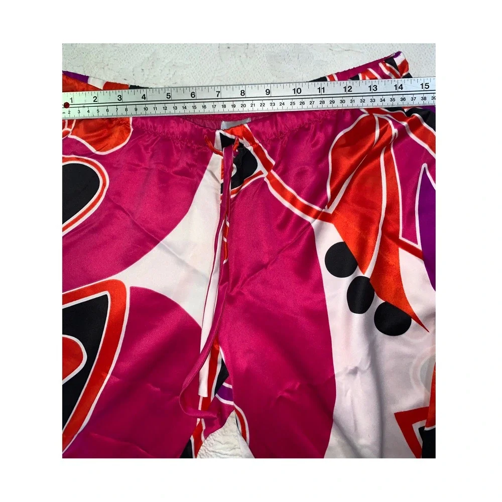 Natori Womens Pajama Set Pink Orange Abstract Floral Satin Button Top Pants S